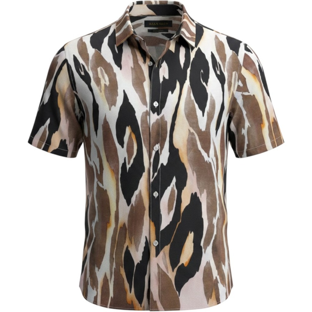 AllSaints Mens Relaxed Fit Abstract Tiger Print Viscose Button Down Shirt Small